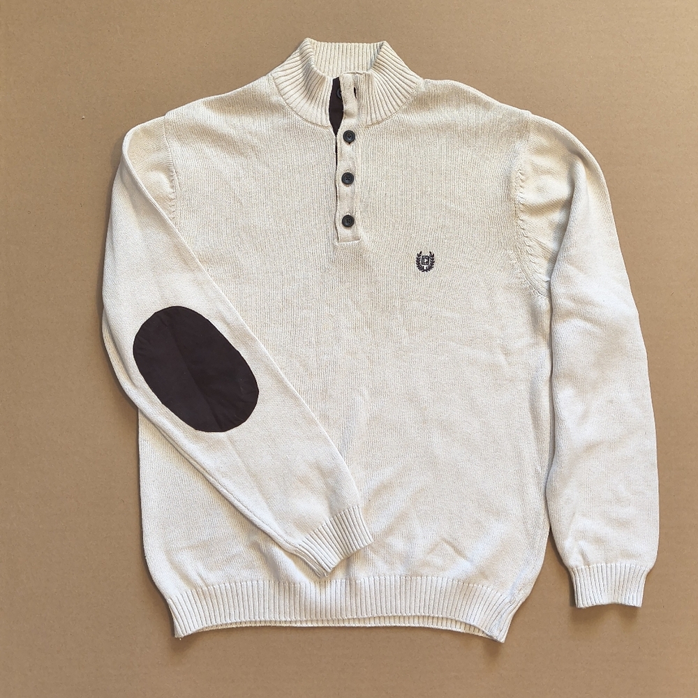 Chaps men's mock neck cotton sweater in light beige or off-white with brown faux